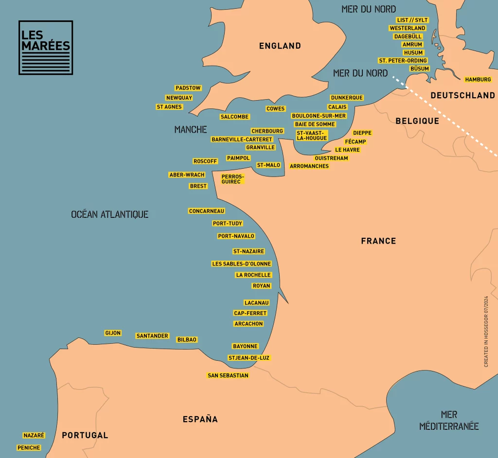 Infographie de la carte du littoral Europe des zones des marées Les Marées