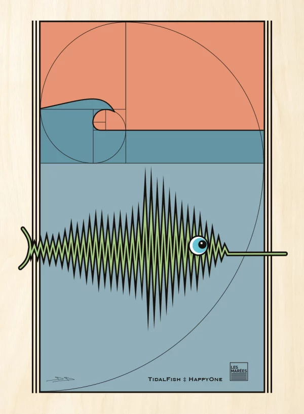 Affiche d'un poisson et dela vague parfaite dans une scène au tons pastel.